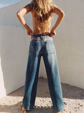 Maeve Anthropologie The Colette Full Length Floral Embroidered Wide Leg Jeans